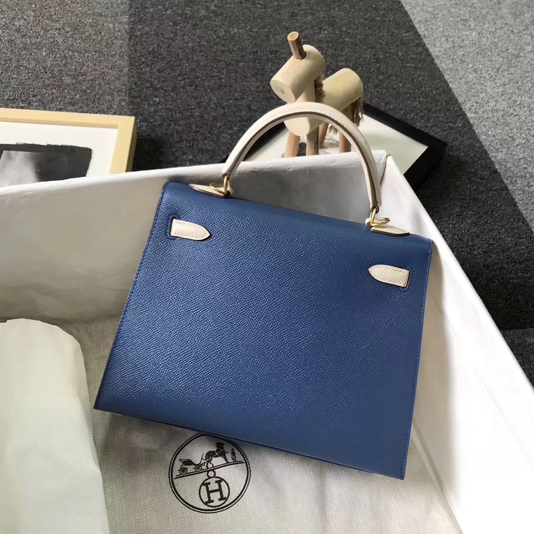 Hermès（爱马仕）7E明蓝色拼奶昔白 原厂御用顶级Epsom 皮 Kelly 25 外缝 金拉丝扣