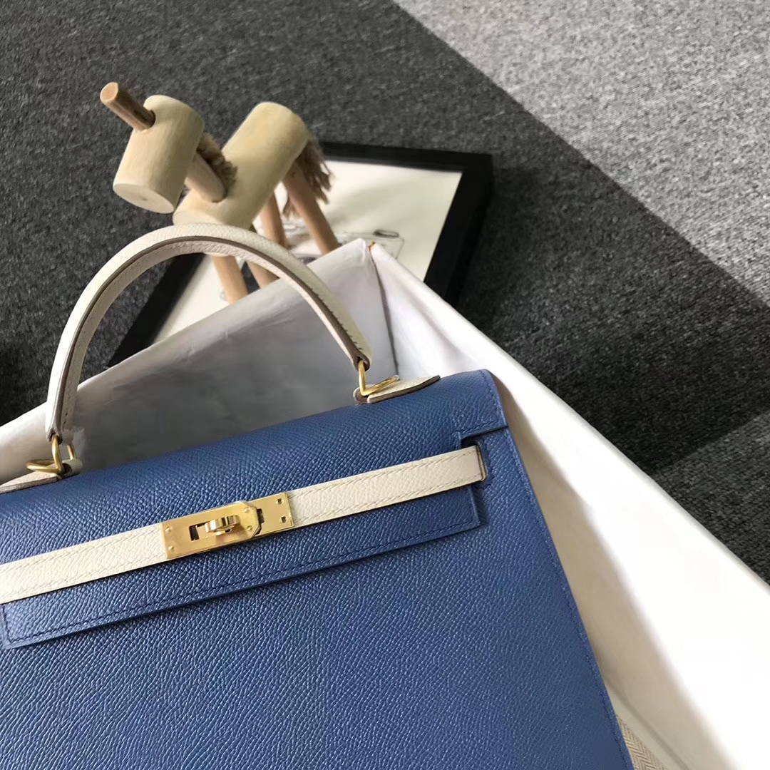 Hermès（爱马仕）7E明蓝色拼奶昔白 原厂御用顶级Epsom 皮 Kelly 25 外缝 金拉丝扣