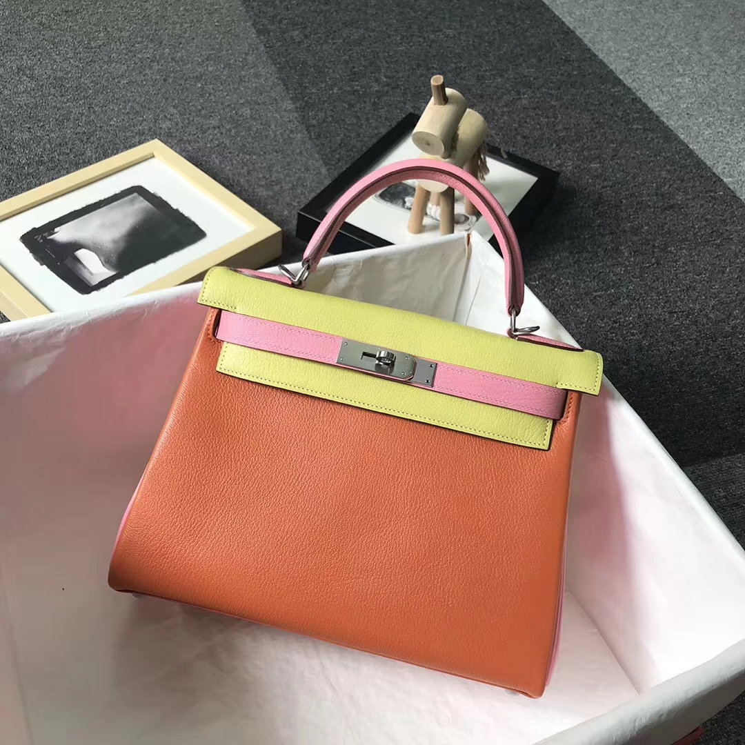 Hermès（爱马仕）橙色拼鹅蛋黄拼奶昔粉 原厂御用顶级山羊皮 Kelly 28 内缝 银扣