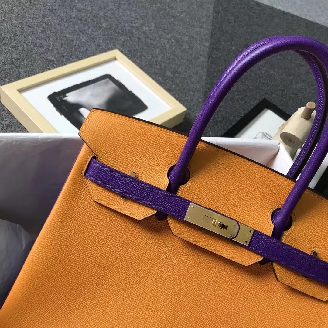 Hermès（爱马仕）9V太阳金黄拼9W梦幻紫 原厂御用顶级Epsom 皮 Birkin 30 金扣
