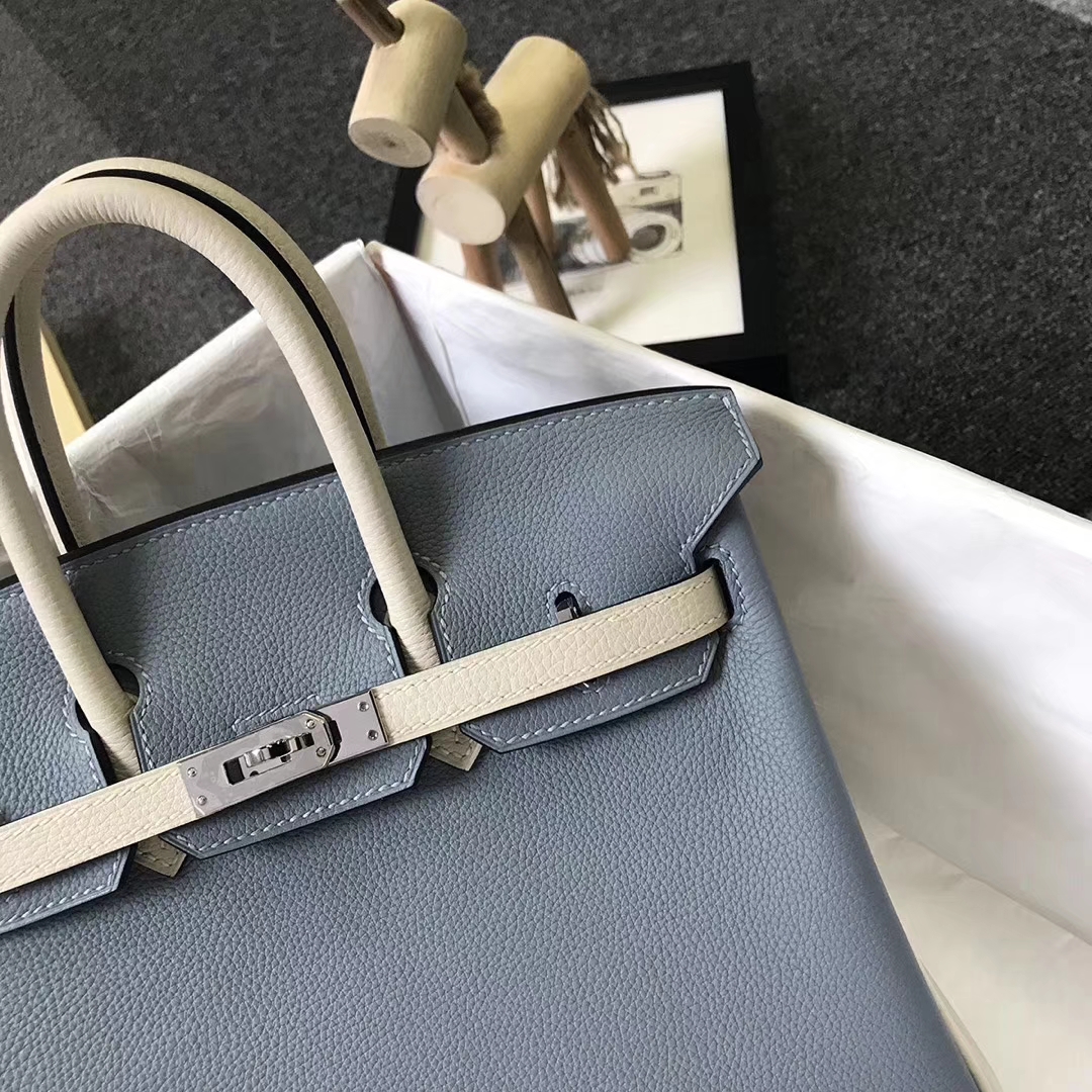 Hermès（爱马仕）J7 亚麻蓝拼奶昔白 原厂御用顶级小牛皮 Birkin 25 银扣