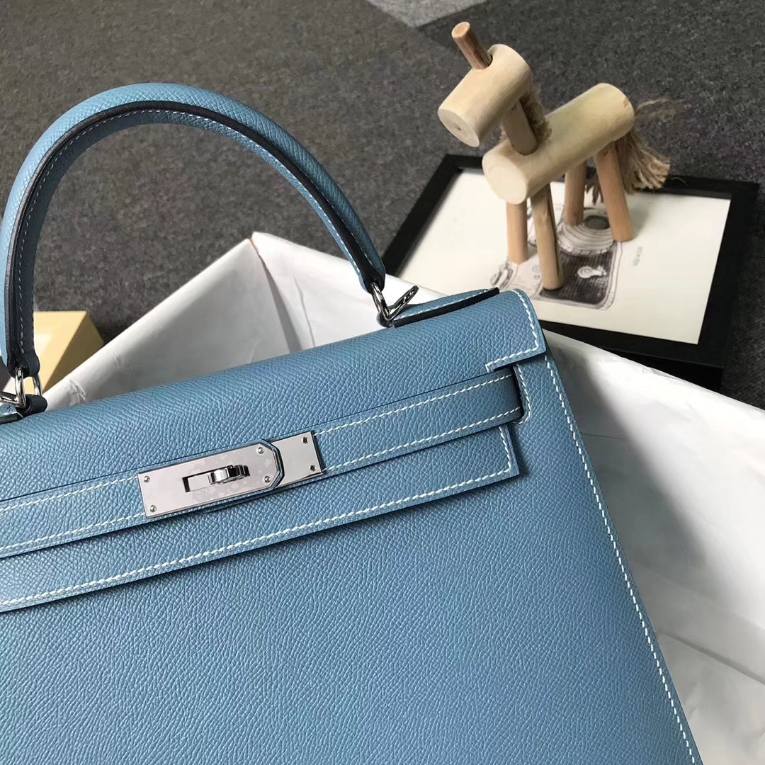 Hermès（爱马仕）75牛仔蓝 epsom皮 Kelly28 银扣 外缝