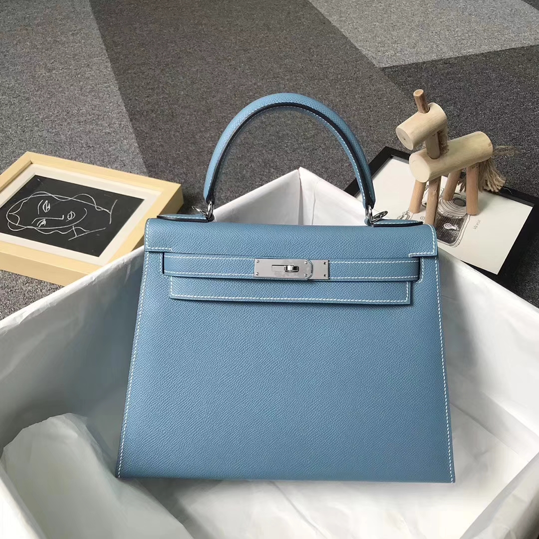 Hermès（爱马仕）75牛仔蓝 epsom皮 Kelly28 银扣 外缝