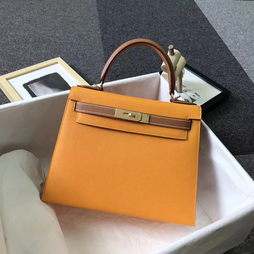 Hermès（爱马仕）太阳金黄拼金棕色 原厂御用顶级Epsom 皮 Kelly 28 外缝 金扣
