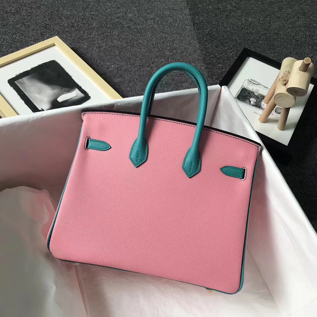 Hermès（爱马仕）1Q芭比粉拼7F孔雀蓝 原厂御用顶级Epsom 皮 Birkin 25 金扣