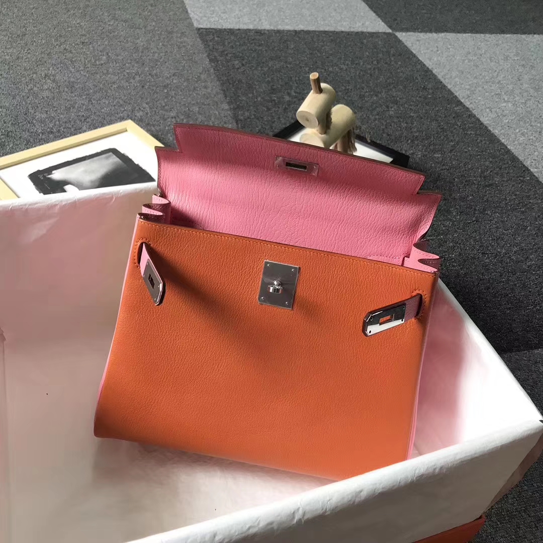 Hermès（爱马仕）橙色拼鹅蛋黄拼奶昔粉 原厂御用顶级山羊皮 Kelly 28 内缝 银扣