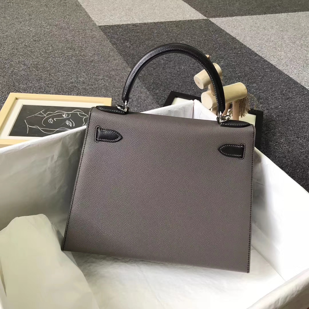 Hermès（爱马仕）锡器灰拼黑色 原厂御用顶级Epsom 皮 Kelly 28 外缝 银扣
