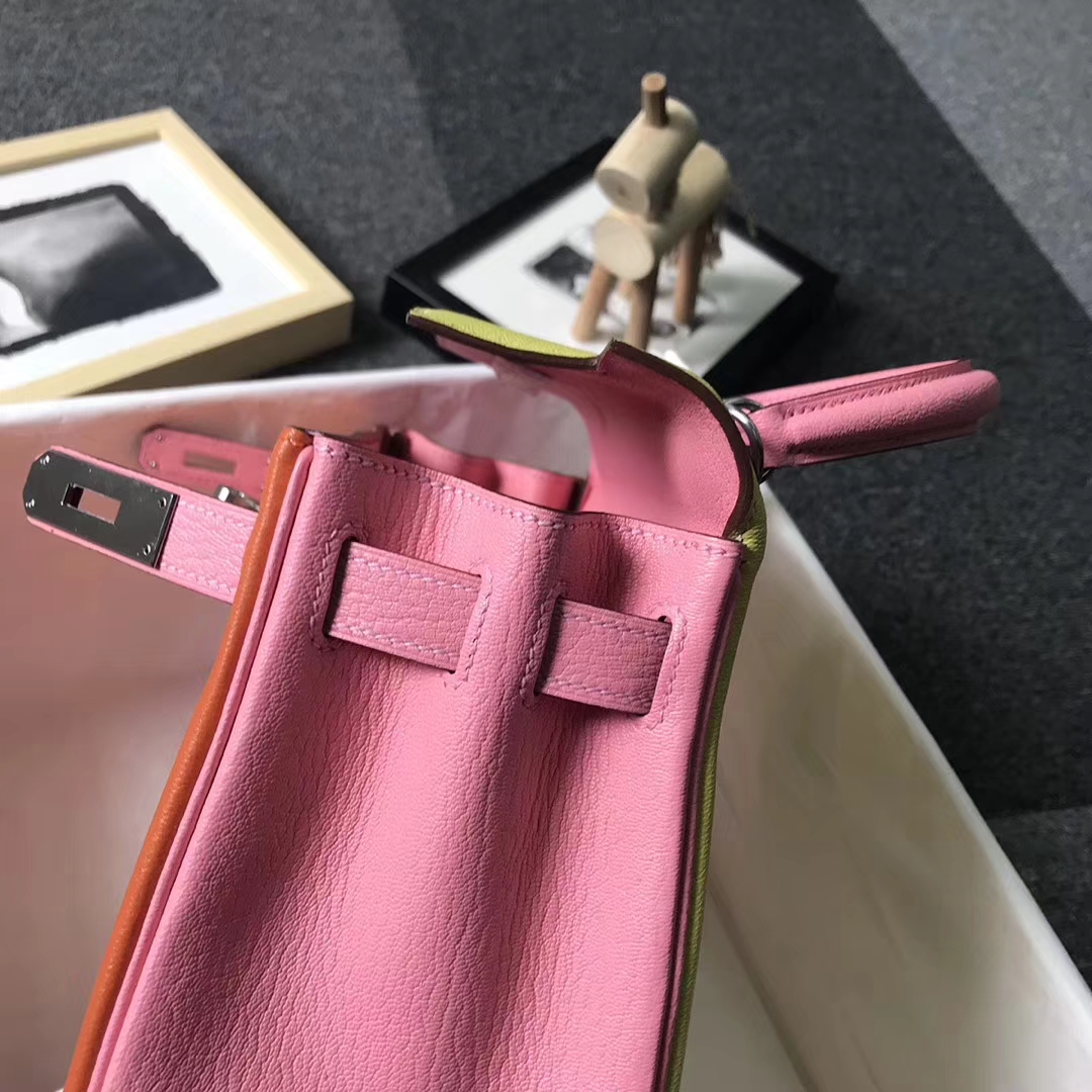 Hermès（爱马仕）橙色拼鹅蛋黄拼奶昔粉 原厂御用顶级山羊皮 Kelly 28 内缝 银扣