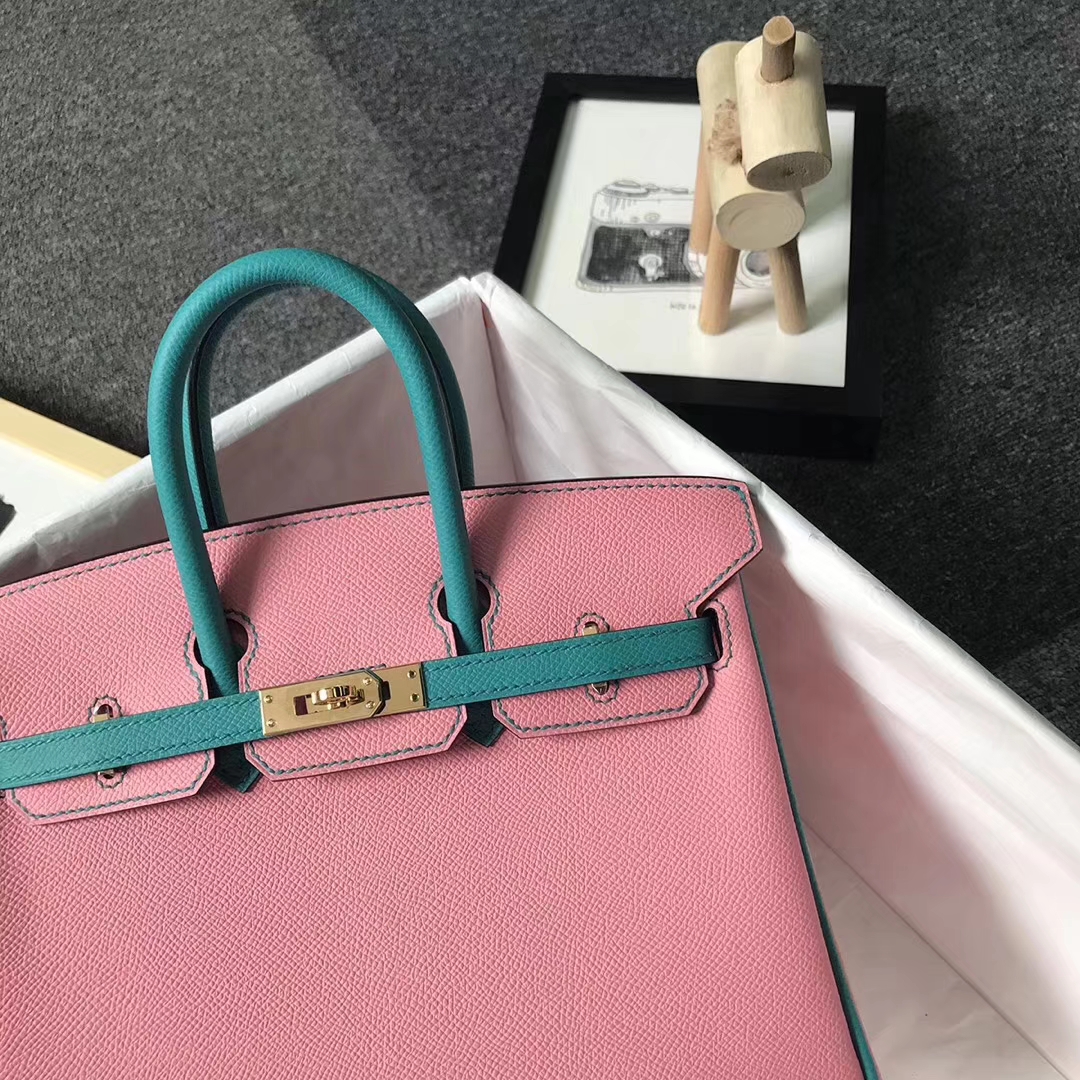 Hermès（爱马仕）1Q芭比粉拼7F孔雀蓝 原厂御用顶级Epsom 皮 Birkin 25 金扣