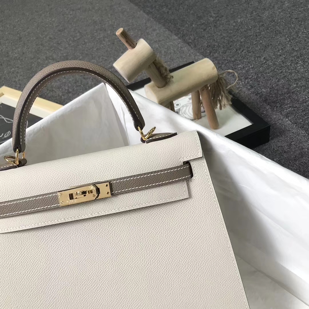 Hermès（爱马仕）奶昔白拼大象灰 epsom皮 Kelly25 外缝 金扣