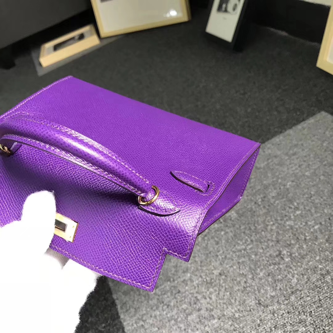 Hermès（爱马仕）9W梦幻紫 原厂御用顶级Epsom 皮 Mini Kelly 二代 金扣