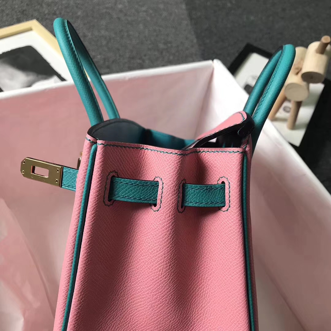 Hermès（爱马仕）1Q芭比粉拼7F孔雀蓝 原厂御用顶级Epsom 皮 Birkin 25 金扣