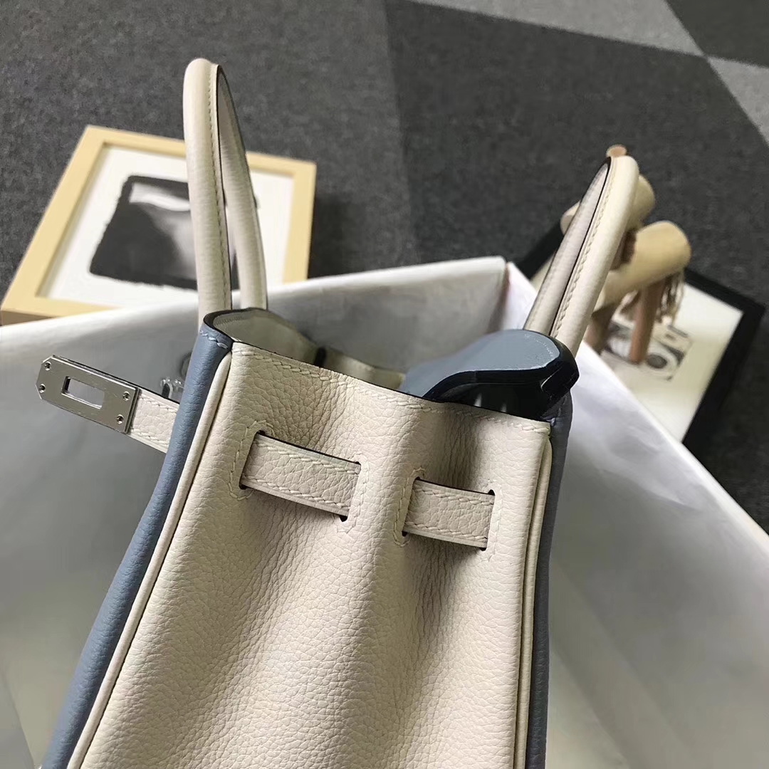 Hermès（爱马仕）J7 亚麻蓝拼奶昔白 原厂御用顶级小牛皮 Birkin 25 银扣