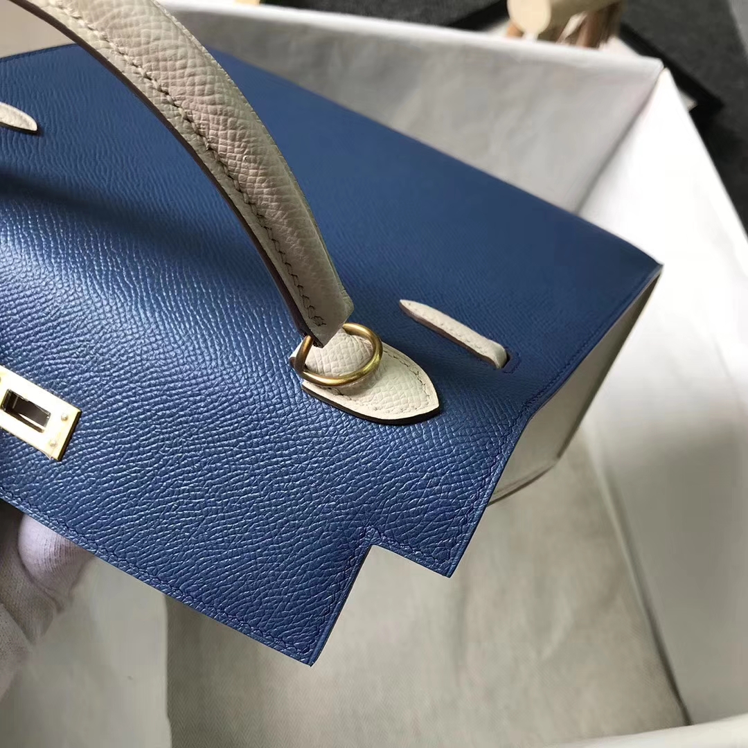 Hermès（爱马仕）7E明蓝色拼奶昔白 原厂御用顶级Epsom 皮 Kelly 25 外缝 金拉丝扣