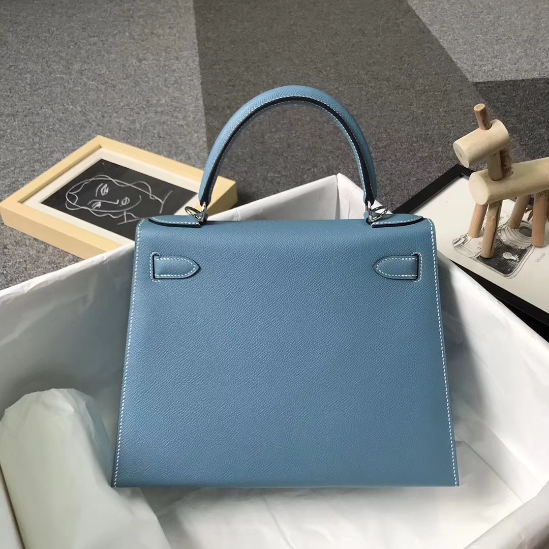 Hermès（爱马仕）75牛仔蓝 epsom皮 Kelly28 银扣 外缝