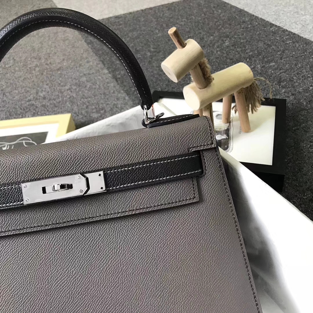 Hermès（爱马仕）锡器灰拼黑色 原厂御用顶级Epsom 皮 Kelly 28 外缝 银扣