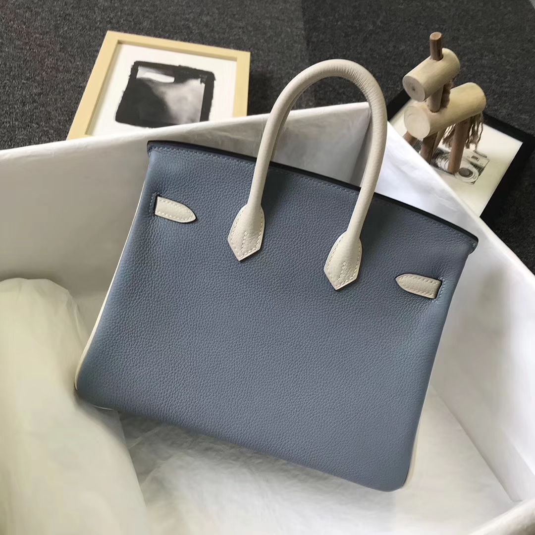 Hermès（爱马仕）J7 亚麻蓝拼奶昔白 原厂御用顶级小牛皮 Birkin 25 银扣