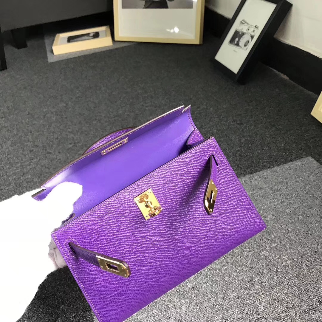 Hermès（爱马仕）9W梦幻紫 原厂御用顶级Epsom 皮 Mini Kelly 二代 金扣