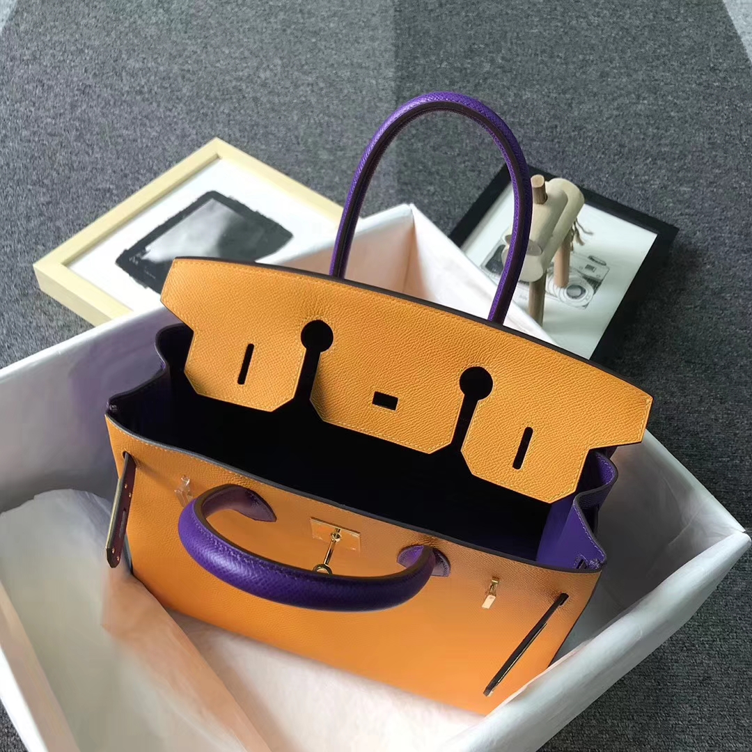 Hermès（爱马仕）9V太阳金黄拼9W梦幻紫 原厂御用顶级Epsom 皮 Birkin 30 金扣