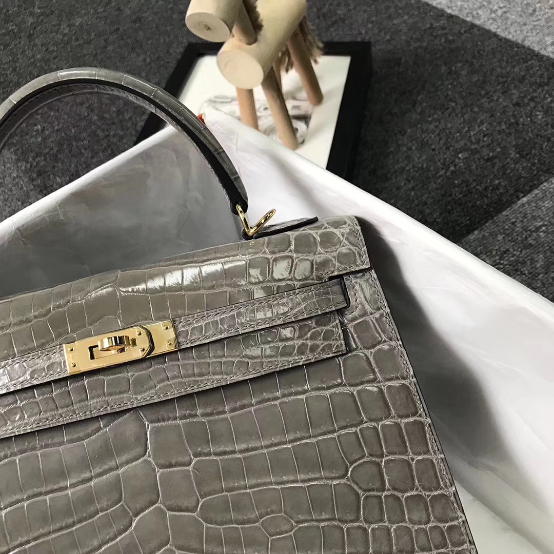 Hermès（爱马仕）斑鸠灰 鳄鱼皮 Kelly 28 金扣 外缝 全手工
