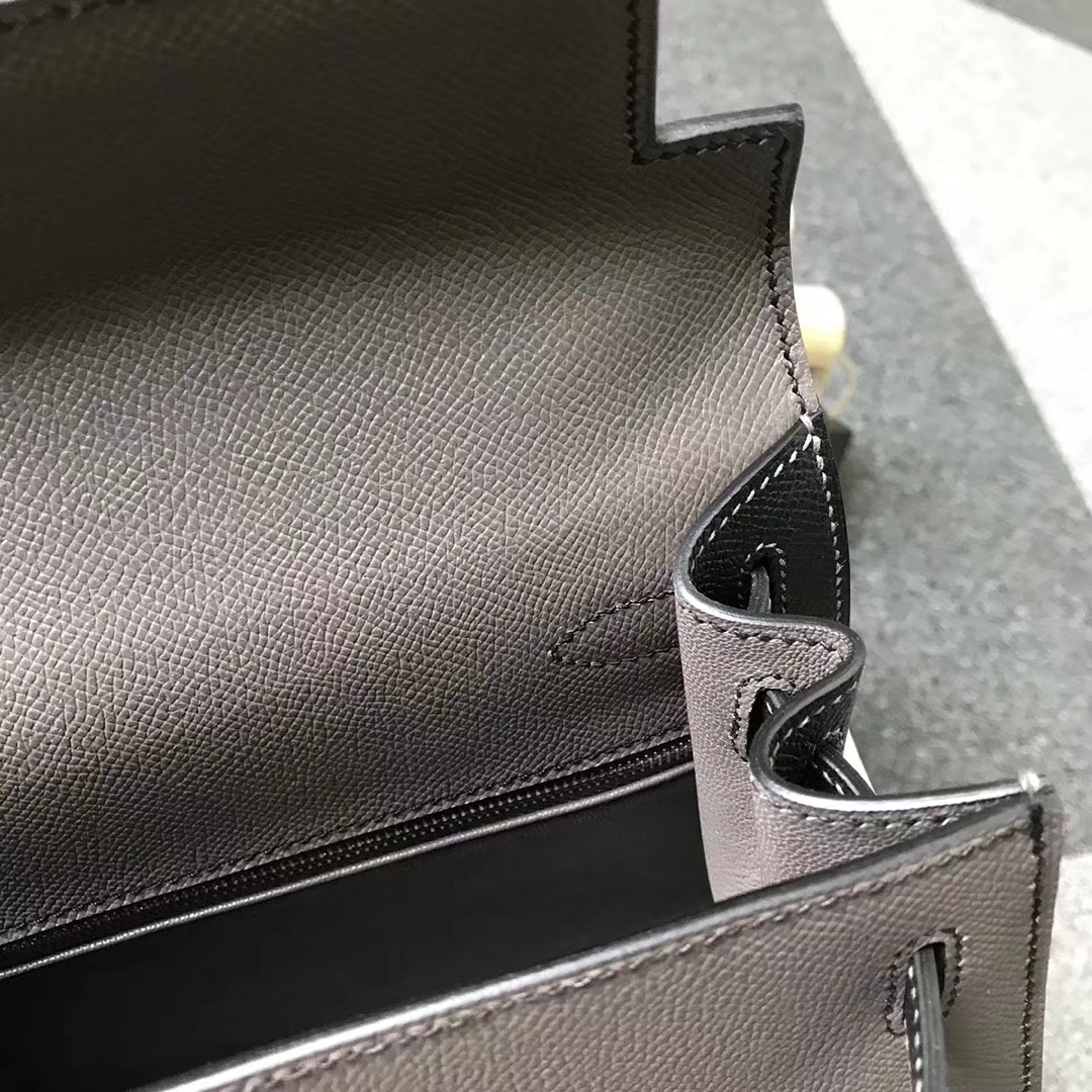 Hermès（爱马仕）锡器灰拼黑色 原厂御用顶级Epsom 皮 Kelly 28 外缝 银扣
