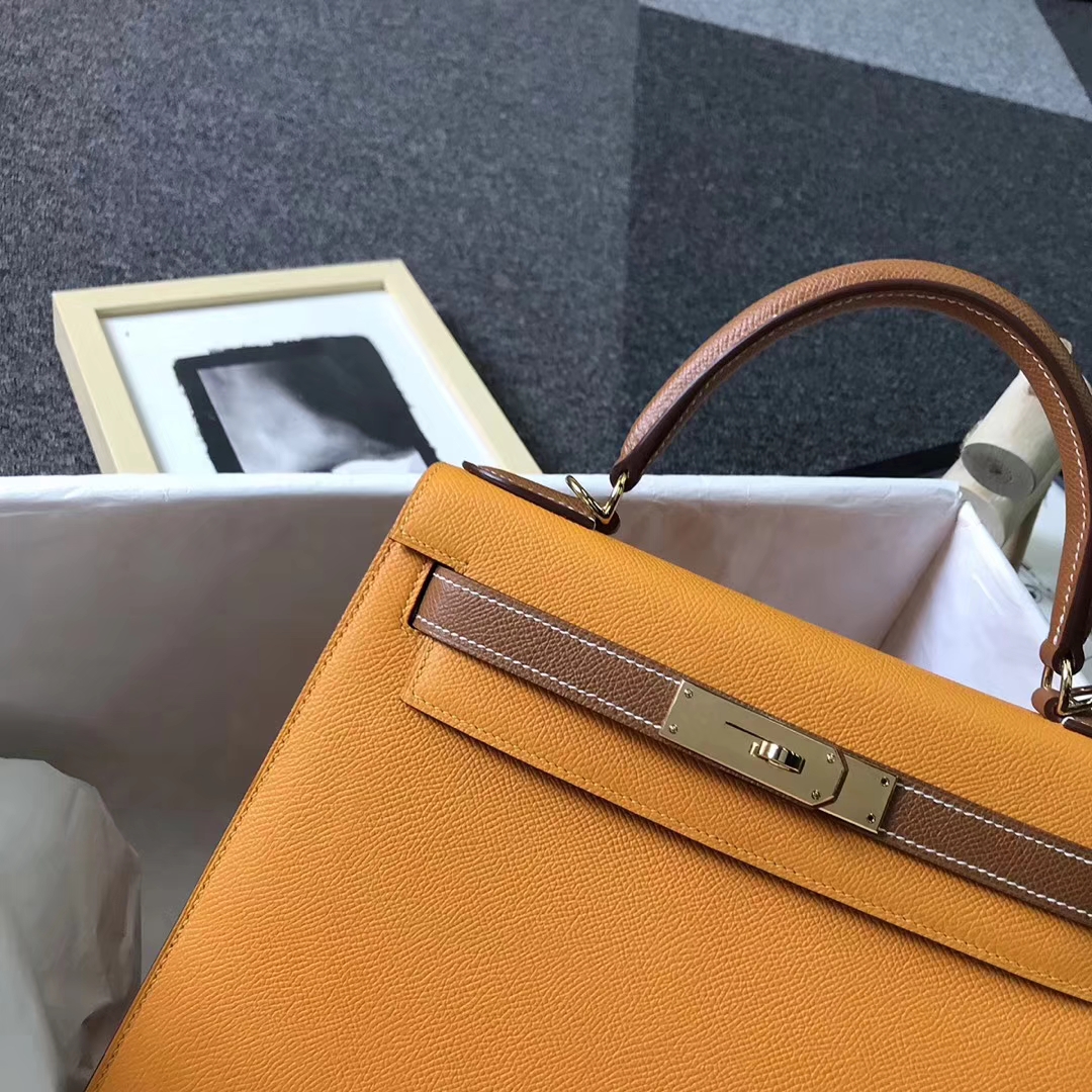 Hermès（爱马仕）太阳金黄拼金棕色 原厂御用顶级Epsom 皮 Kelly 28 外缝 金扣