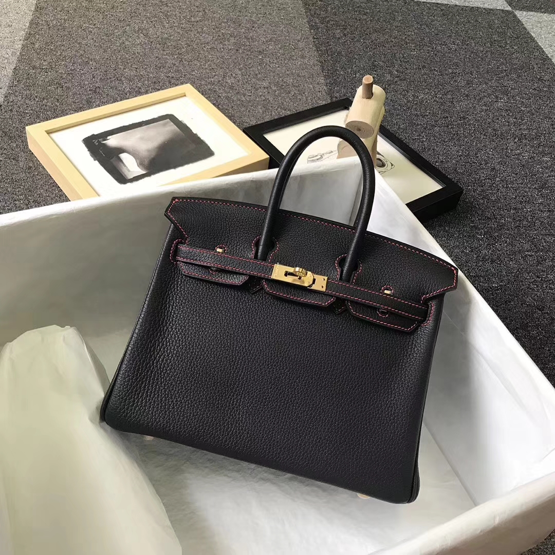 Hermès（爱马仕）黑色皮极致粉 原厂御用顶级小牛皮 Birkin 25 金扣