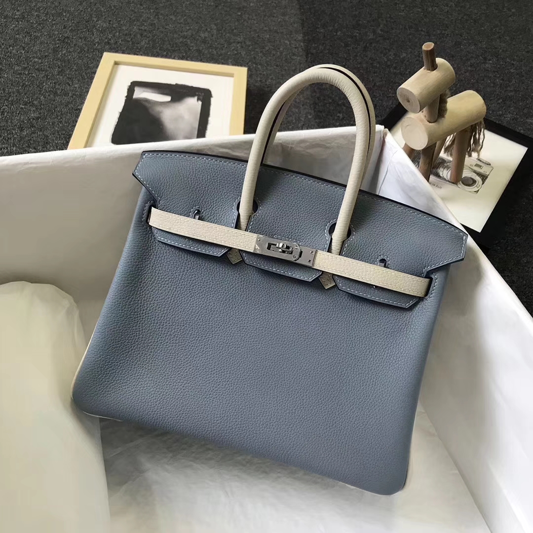 Hermès（爱马仕）J7 亚麻蓝拼奶昔白 原厂御用顶级小牛皮 Birkin 25 银扣