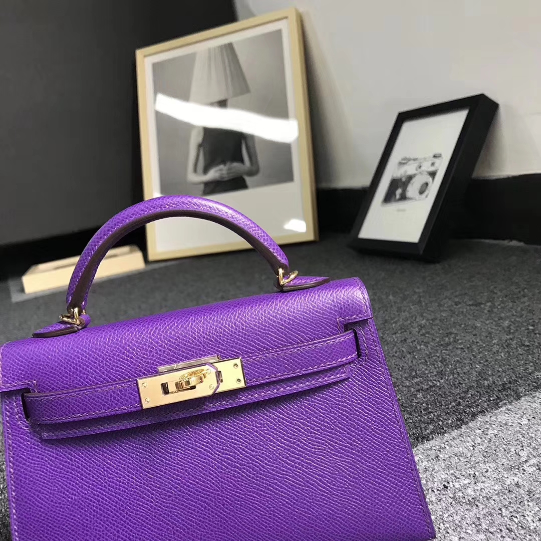 Hermès（爱马仕）9W梦幻紫 原厂御用顶级Epsom 皮 Mini Kelly 二代 金扣