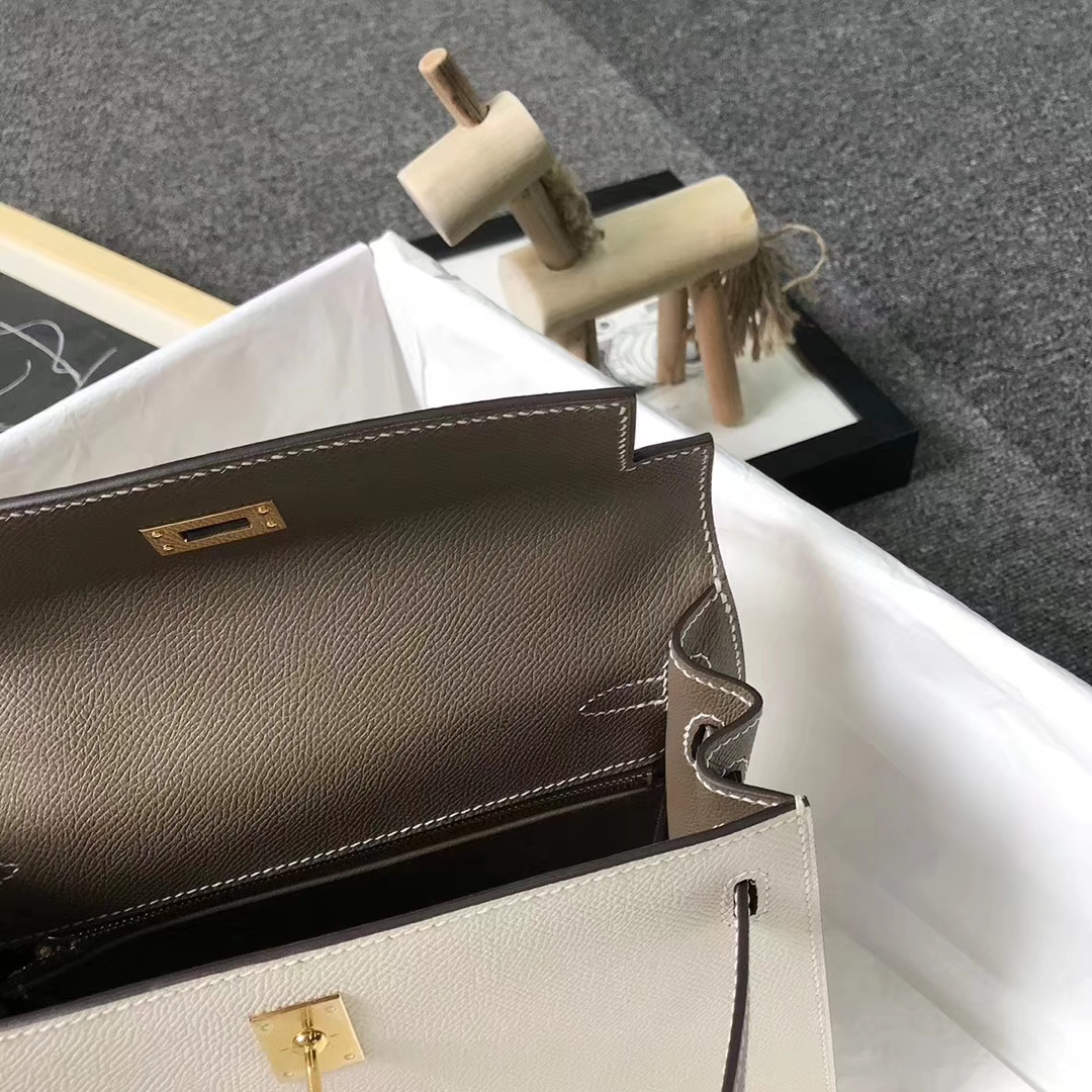 Hermès（爱马仕）奶昔白拼大象灰 epsom皮 Kelly25 外缝 金扣