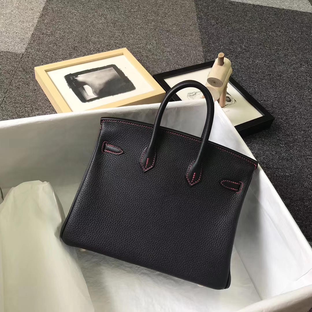 Hermès（爱马仕）黑色皮极致粉 原厂御用顶级小牛皮 Birkin 25 金扣