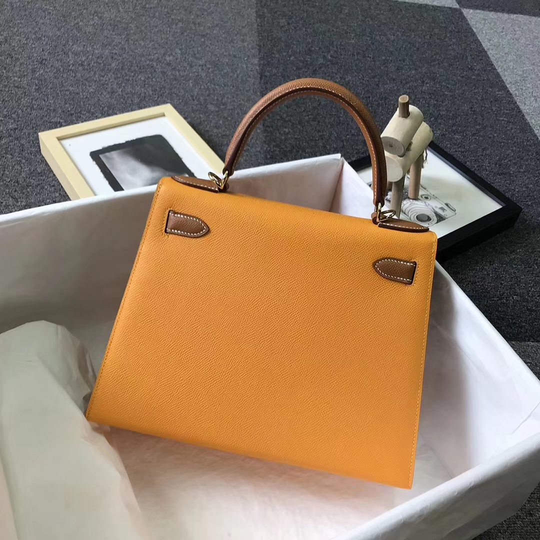 Hermès（爱马仕）太阳金黄拼金棕色 原厂御用顶级Epsom 皮 Kelly 28 外缝 金扣