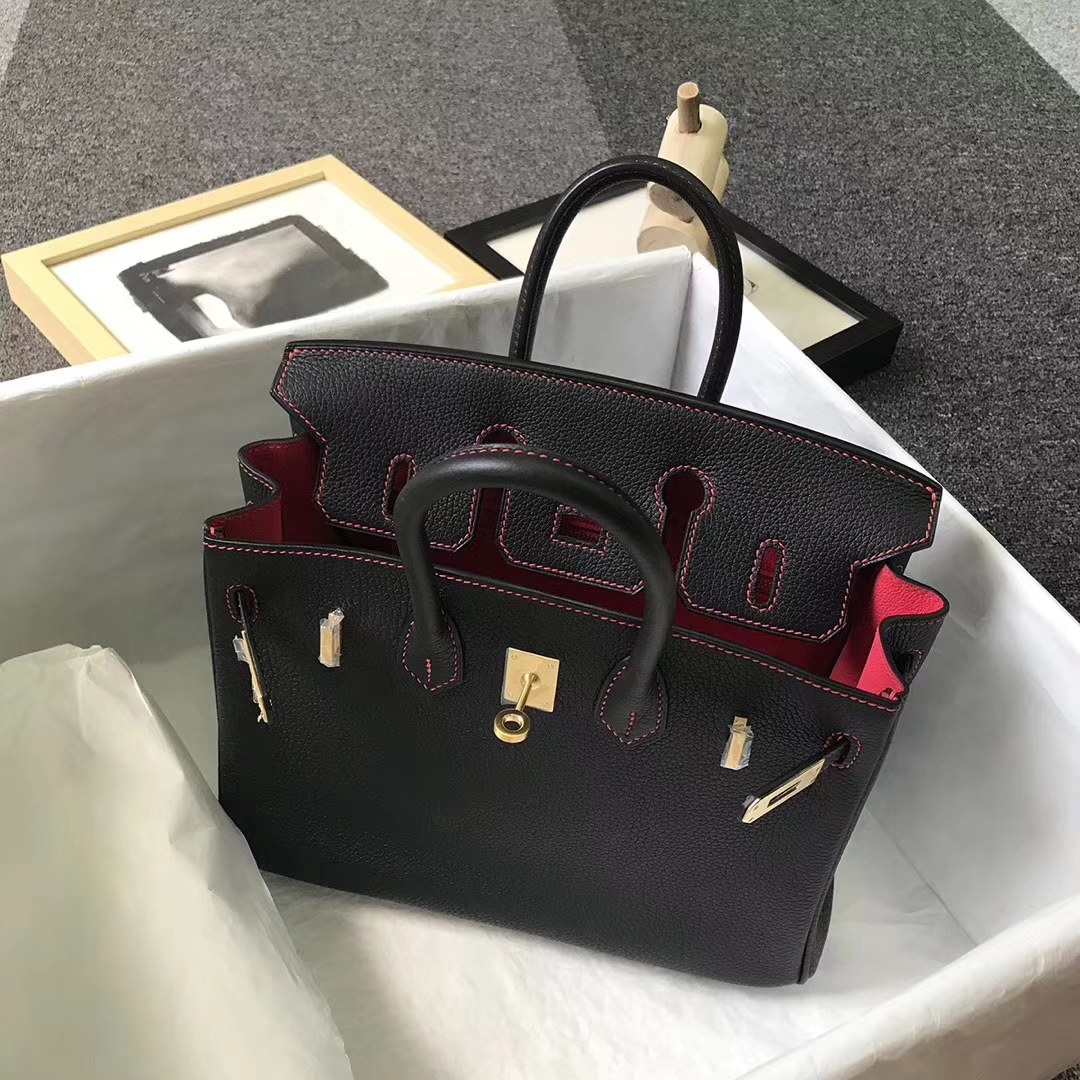Hermès（爱马仕）黑色皮极致粉 原厂御用顶级小牛皮 Birkin 25 金扣