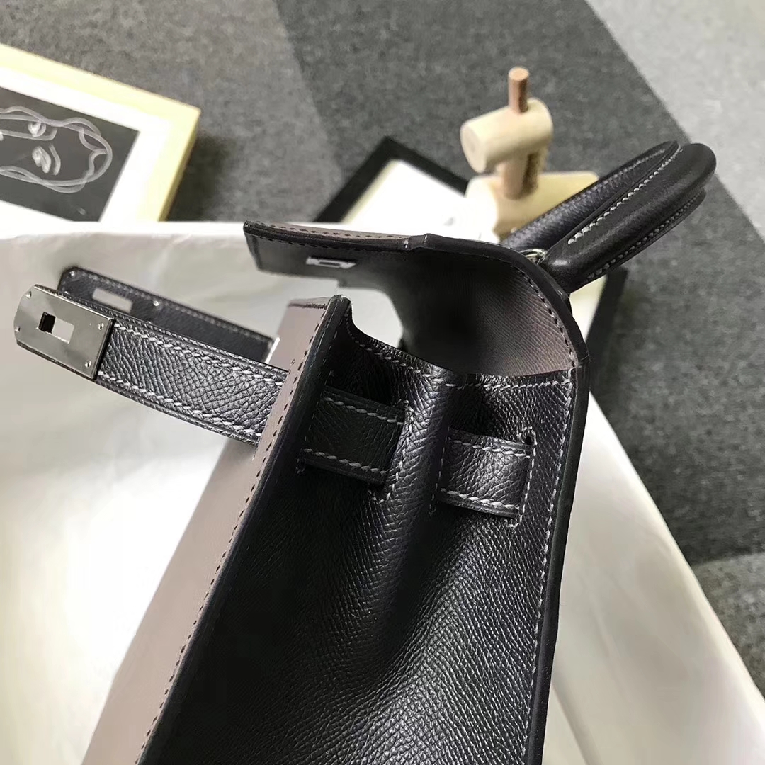 Hermès（爱马仕）锡器灰拼黑色 原厂御用顶级Epsom 皮 Kelly 28 外缝 银扣