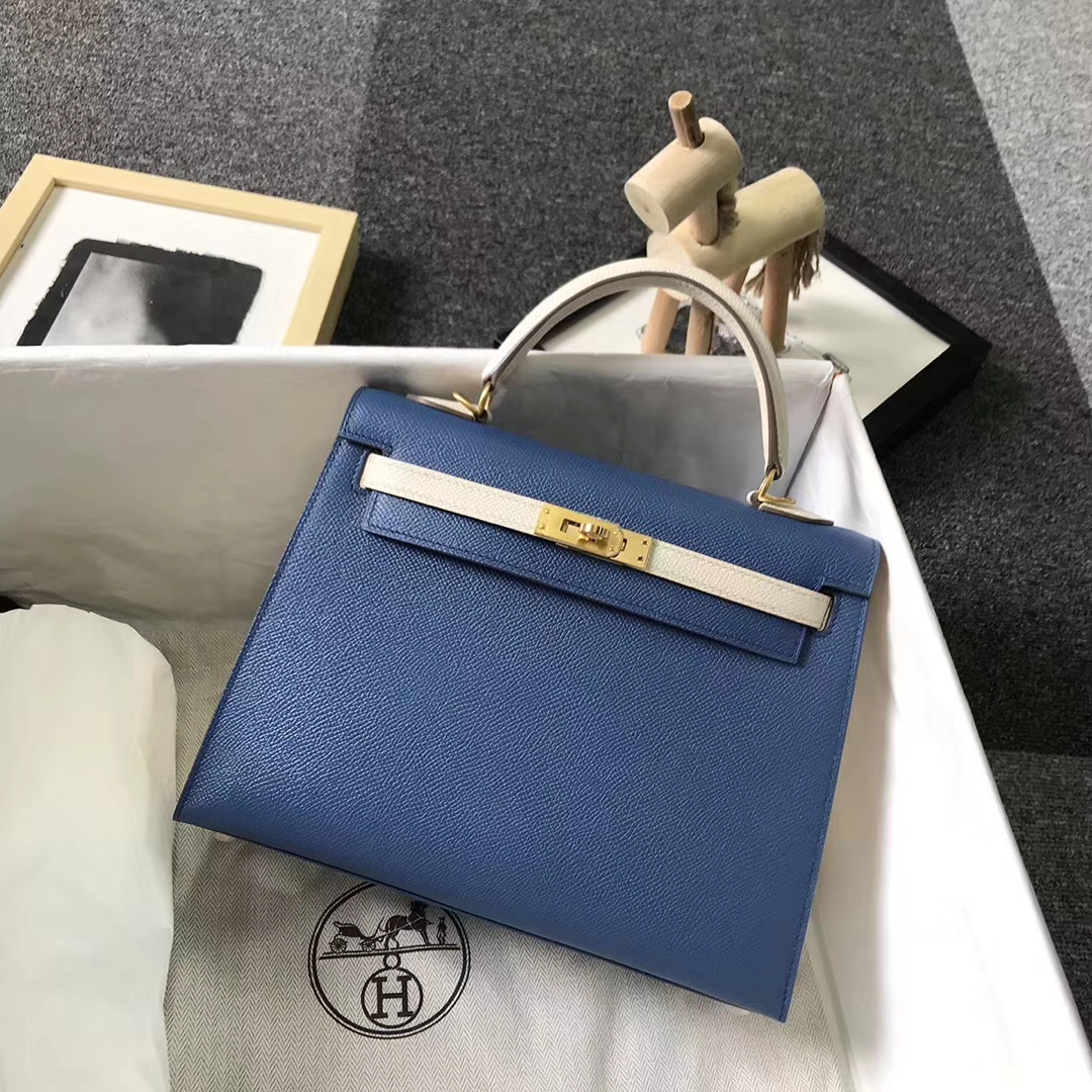 Hermès（爱马仕）7E明蓝色拼奶昔白 原厂御用顶级Epsom 皮 Kelly 25 外缝 金拉丝扣