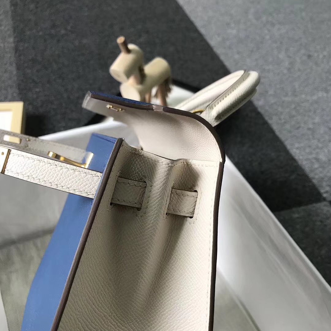 Hermès（爱马仕）7E明蓝色拼奶昔白 原厂御用顶级Epsom 皮 Kelly 25 外缝 金拉丝扣
