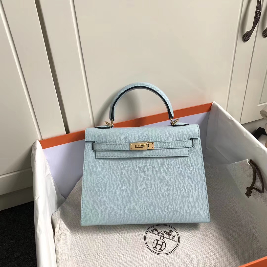 Hermès（爱马仕）微风蓝 原厂御用顶级Epsom 皮 Kelly 25  外缝 金扣 订单出货 银扣 现货