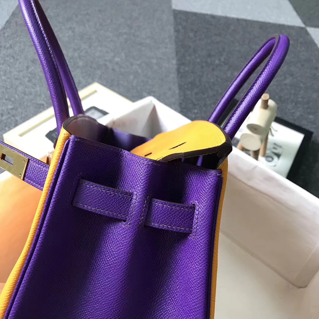 Hermès（爱马仕）9V太阳金黄拼9W梦幻紫 原厂御用顶级Epsom 皮 Birkin 30 金扣