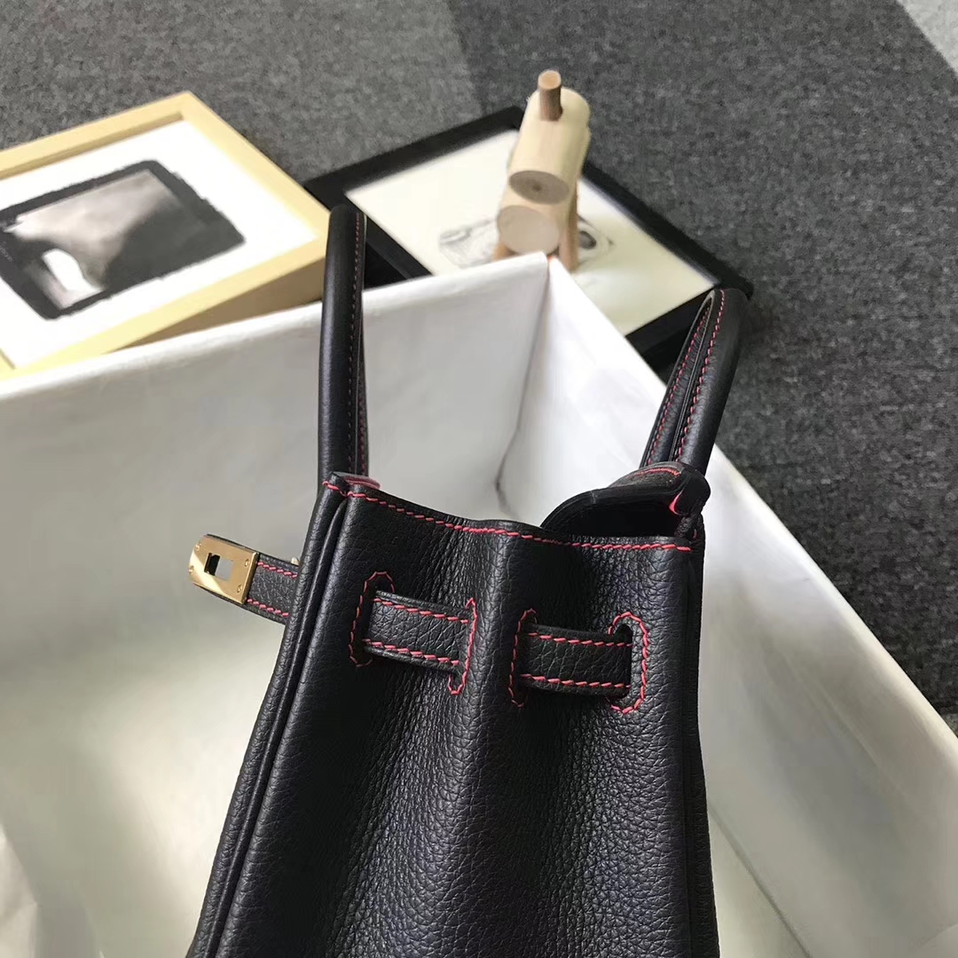 Hermès（爱马仕）黑色皮极致粉 原厂御用顶级小牛皮 Birkin 25 金扣