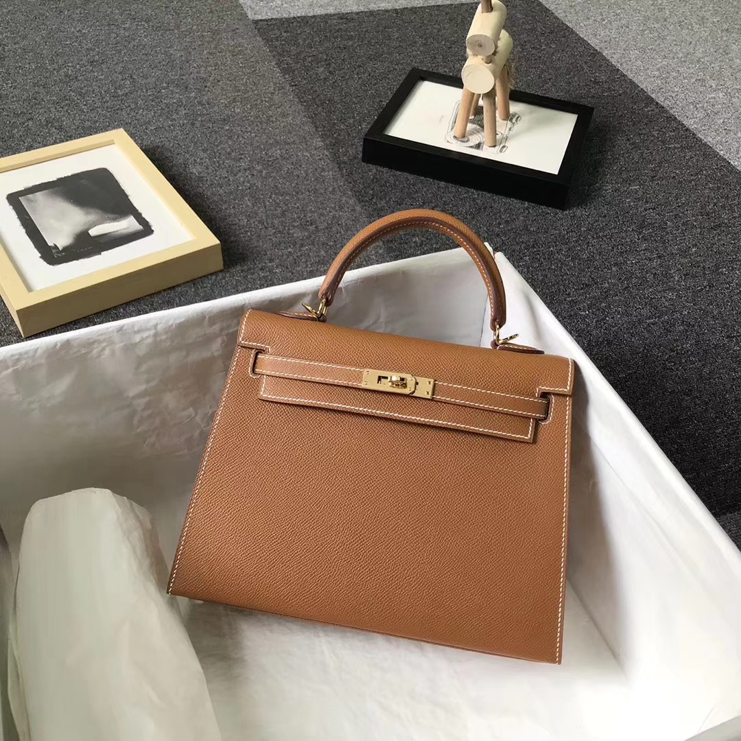 Hermès（爱马仕）金棕色 原厂御用顶级Epsom 皮 Kelly 25 外缝 金扣 现货