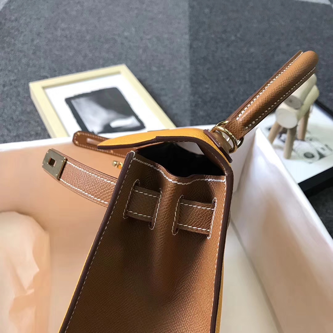 Hermès（爱马仕）太阳金黄拼金棕色 原厂御用顶级Epsom 皮 Kelly 28 外缝 金扣