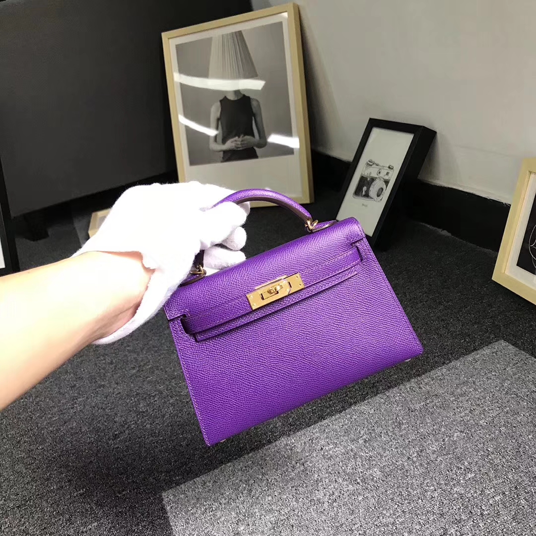 Hermès（爱马仕）9W梦幻紫 原厂御用顶级Epsom 皮 Mini Kelly 二代 金扣