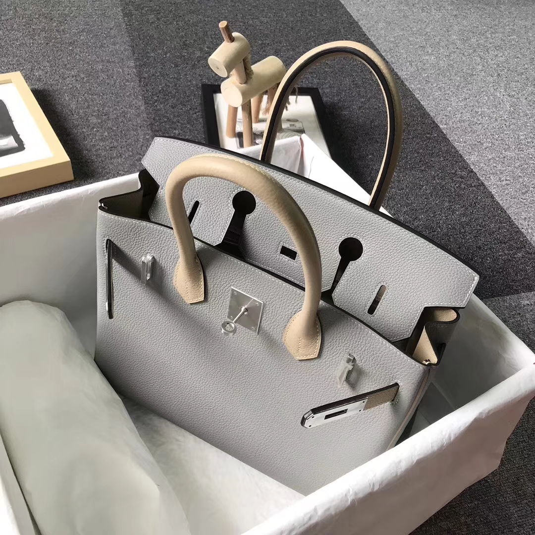Hermès（爱马仕）4Z海鸥灰拼S2风衣灰 原厂御用顶级小牛皮 Birkin 30 银扣