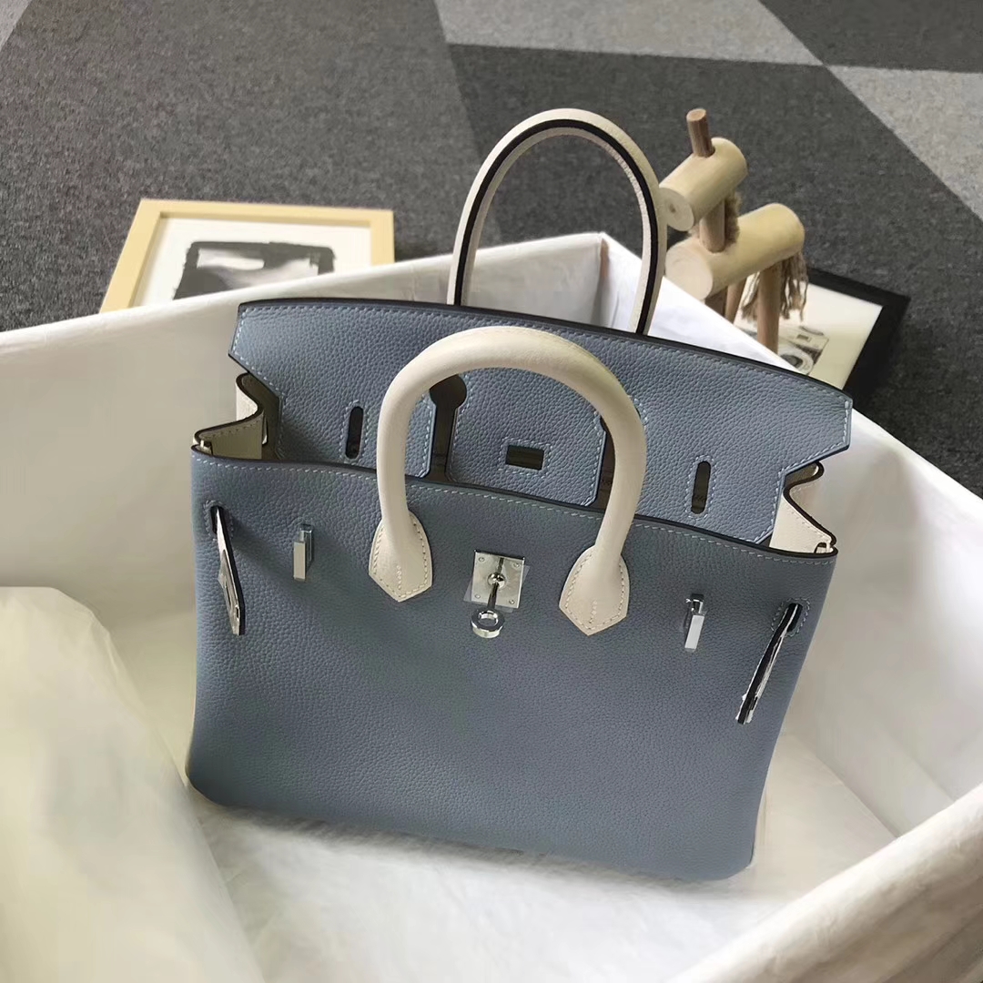 Hermès（爱马仕）J7 亚麻蓝拼奶昔白 原厂御用顶级小牛皮 Birkin 25 银扣