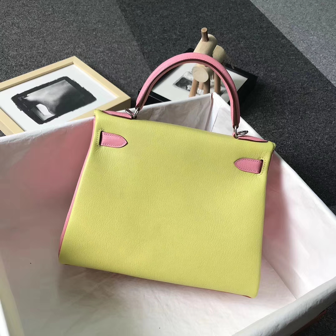 Hermès（爱马仕）橙色拼鹅蛋黄拼奶昔粉 原厂御用顶级山羊皮 Kelly 28 内缝 银扣