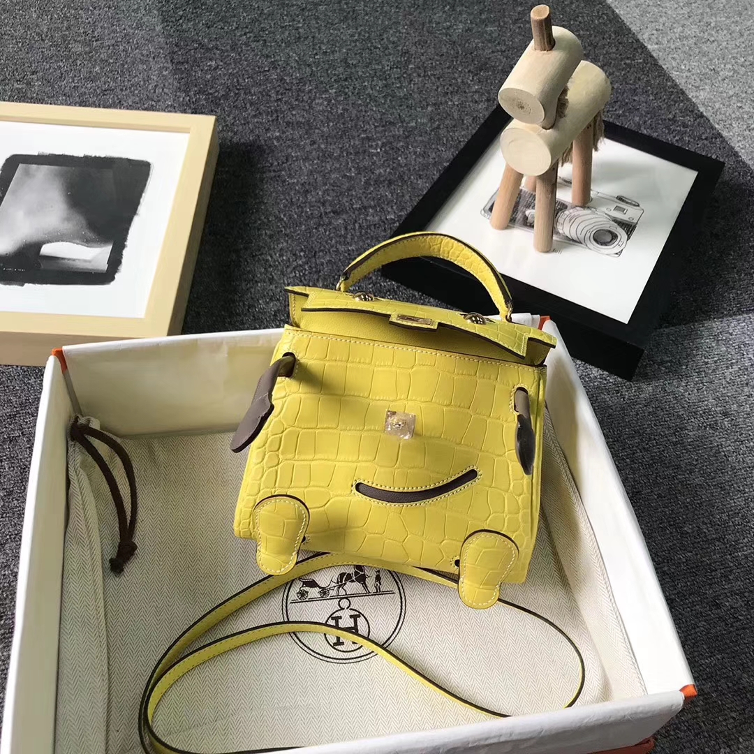 Hermès（爱马仕）琥珀黄拼大象灰 鳄鱼皮 Kelly doll 金扣