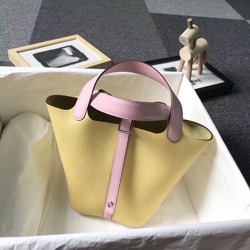 Hermès（爱马仕）小鸡黄拼3Q粉 原厂御用顶级TC皮 Picotin  Lock 18 CM 银扣