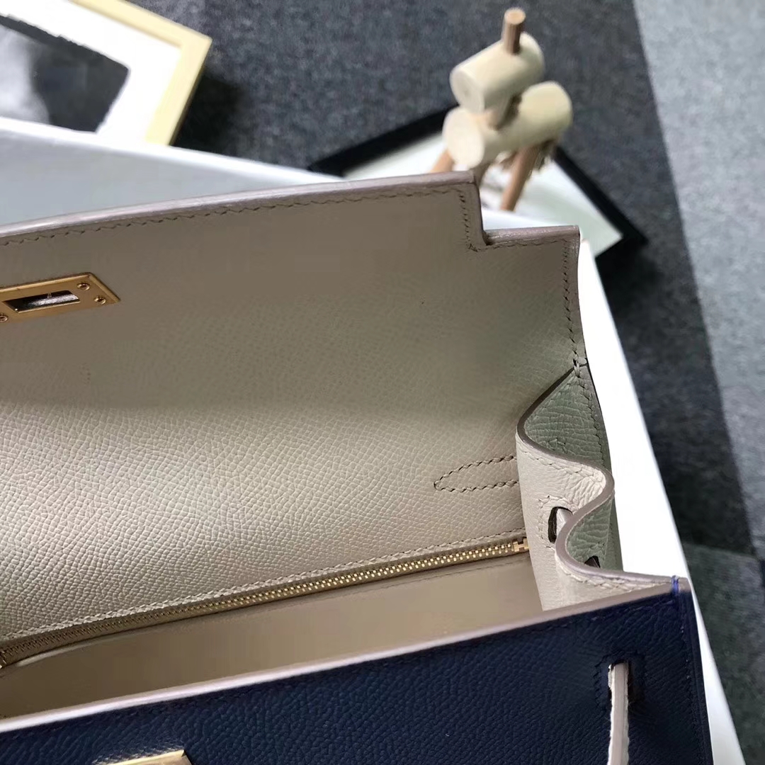 Hermès（爱马仕）7E明蓝色拼奶昔白 原厂御用顶级Epsom 皮 Kelly 25 外缝 金拉丝扣