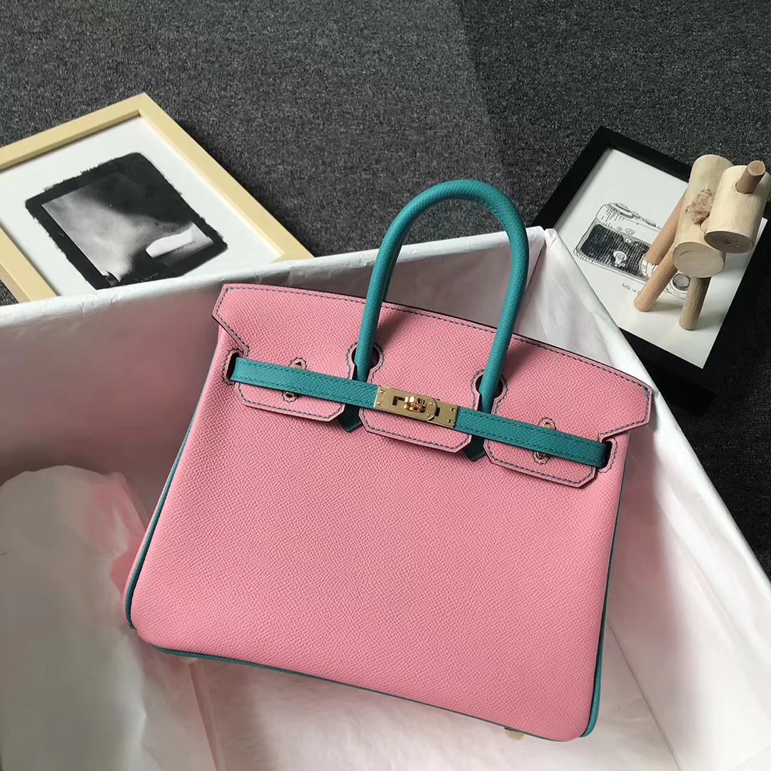 Hermès（爱马仕）1Q芭比粉拼7F孔雀蓝 原厂御用顶级Epsom 皮 Birkin 25 金扣