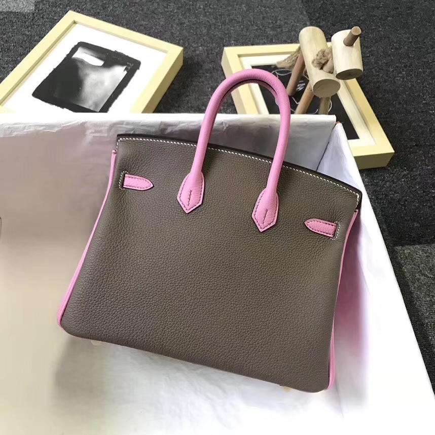 Hermès（爱马仕）大象灰拼5P樱花粉 原厂御用顶级小牛皮  Birkin 25 金扣
